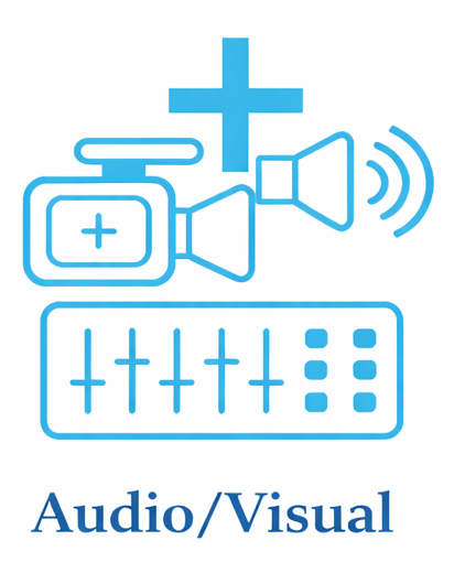 Line drawing of video camera and speaker under the cross