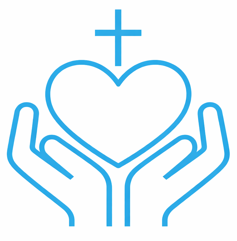 line drawing of hands lifting up a heart towards the cross