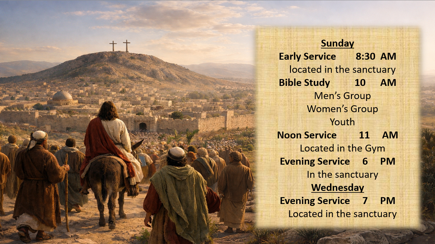 Jesus on a donkey facing the city of Jerusalem with a hill in the back ground and two crosses on the hill